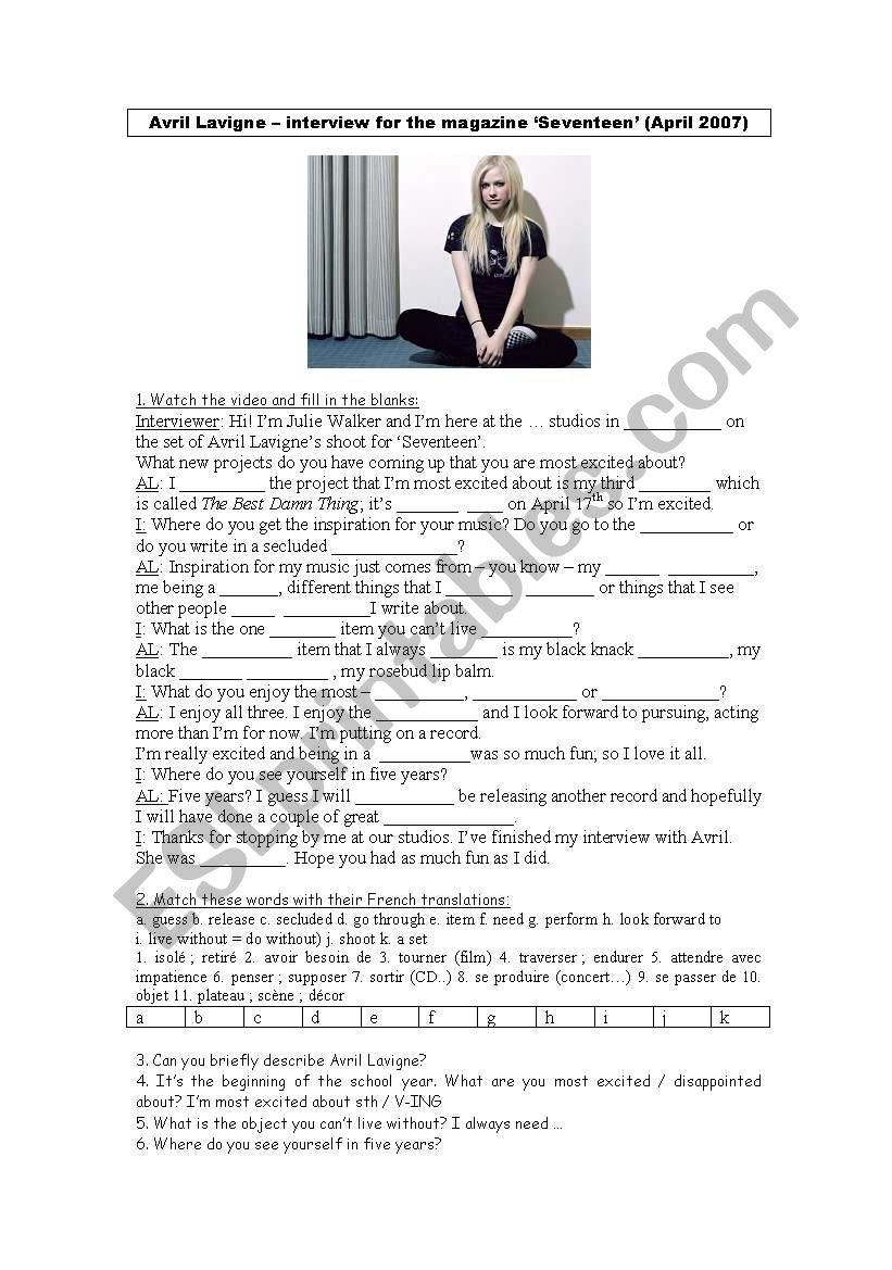 Avril Lavigne S Interview Esl Worksheet By Aurore23