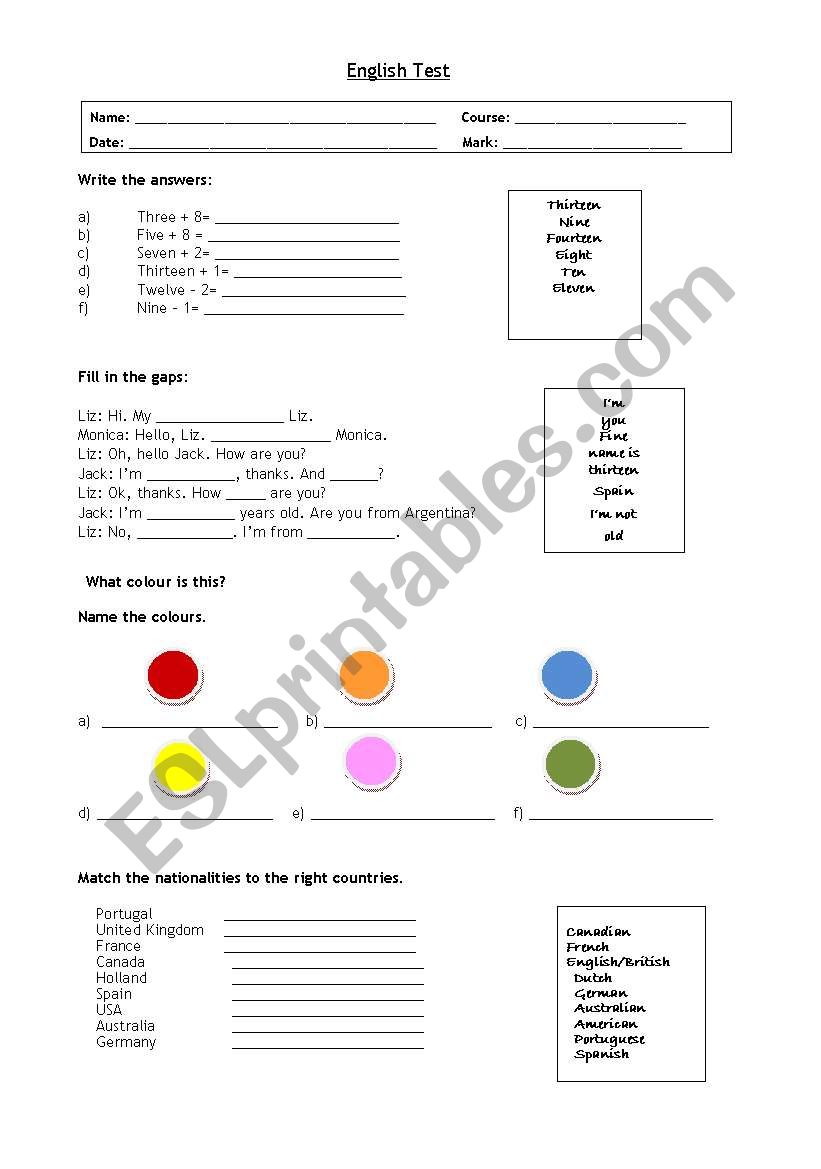 Elementary Test worksheet