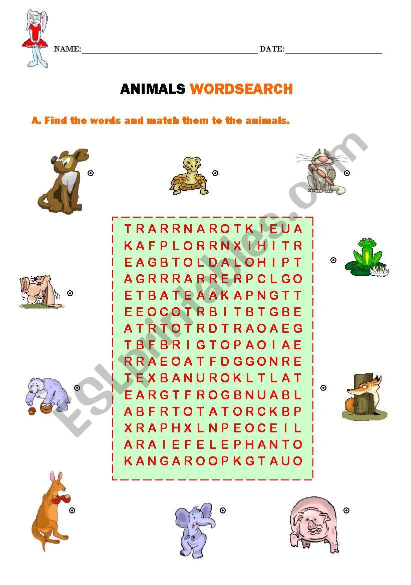 Animals wordsearch - ESL worksheet by cimadas