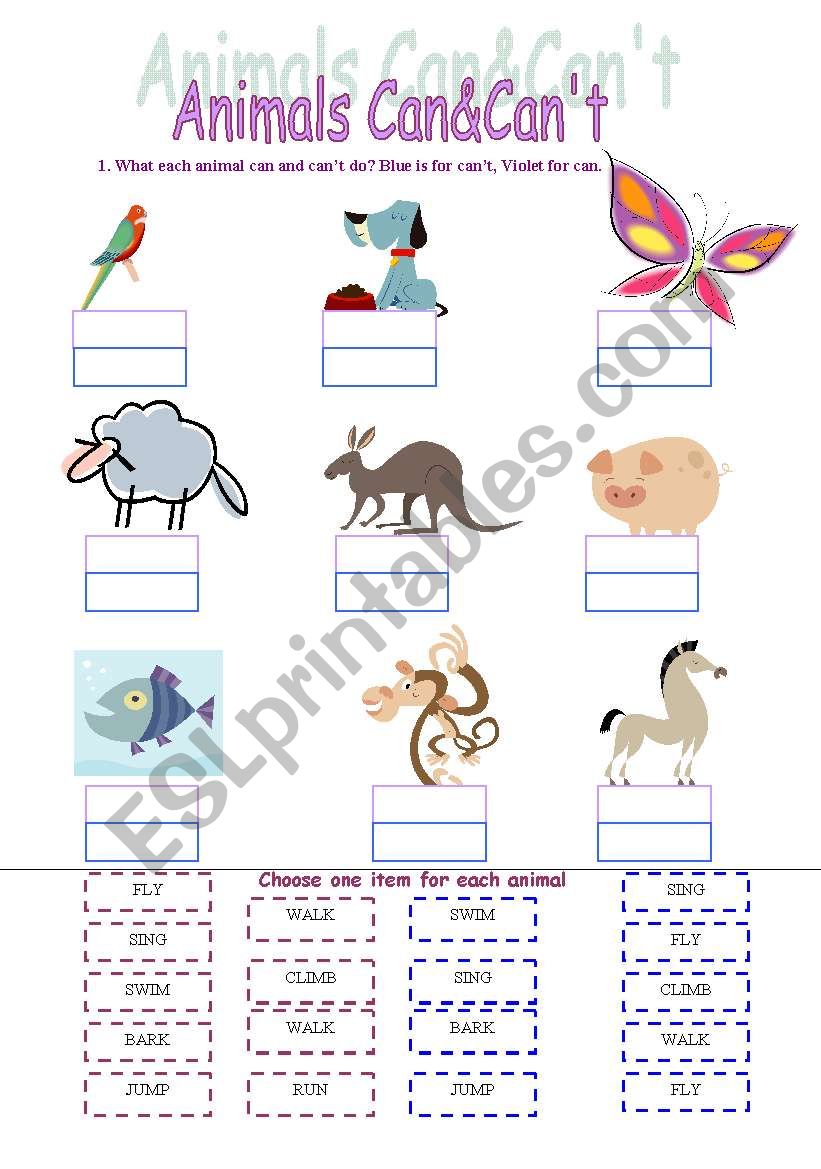 Animlas can´t can (for very young) - ESL worksheet by katee1111