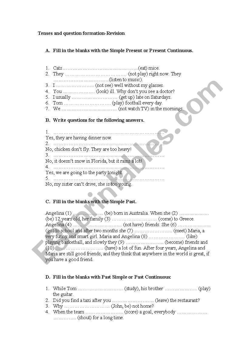 Short revision exercises- Tenses and question formation