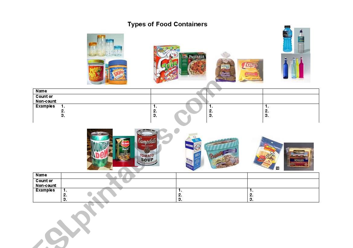 Types of Food Containers worksheet