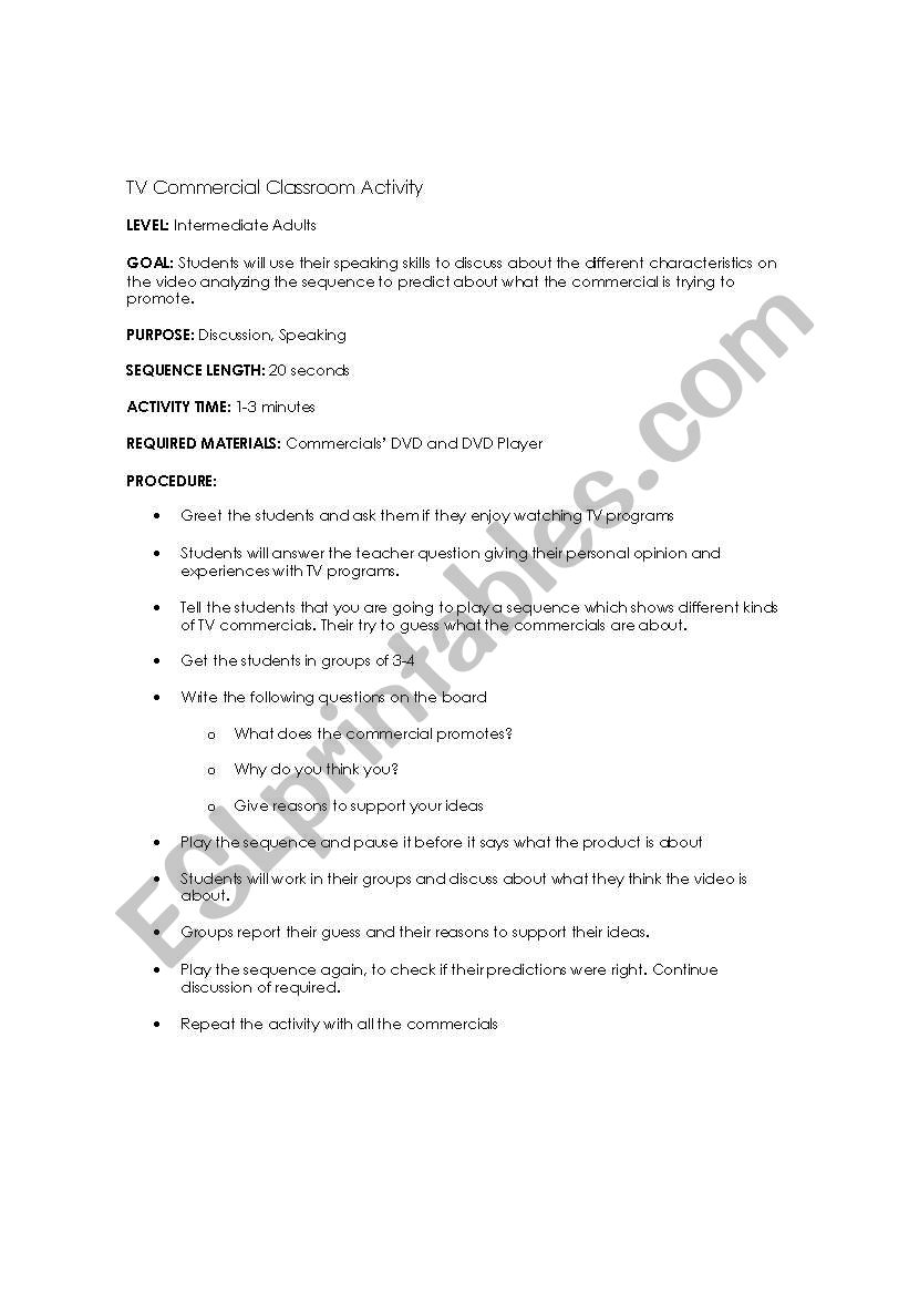 TV commercials worksheet