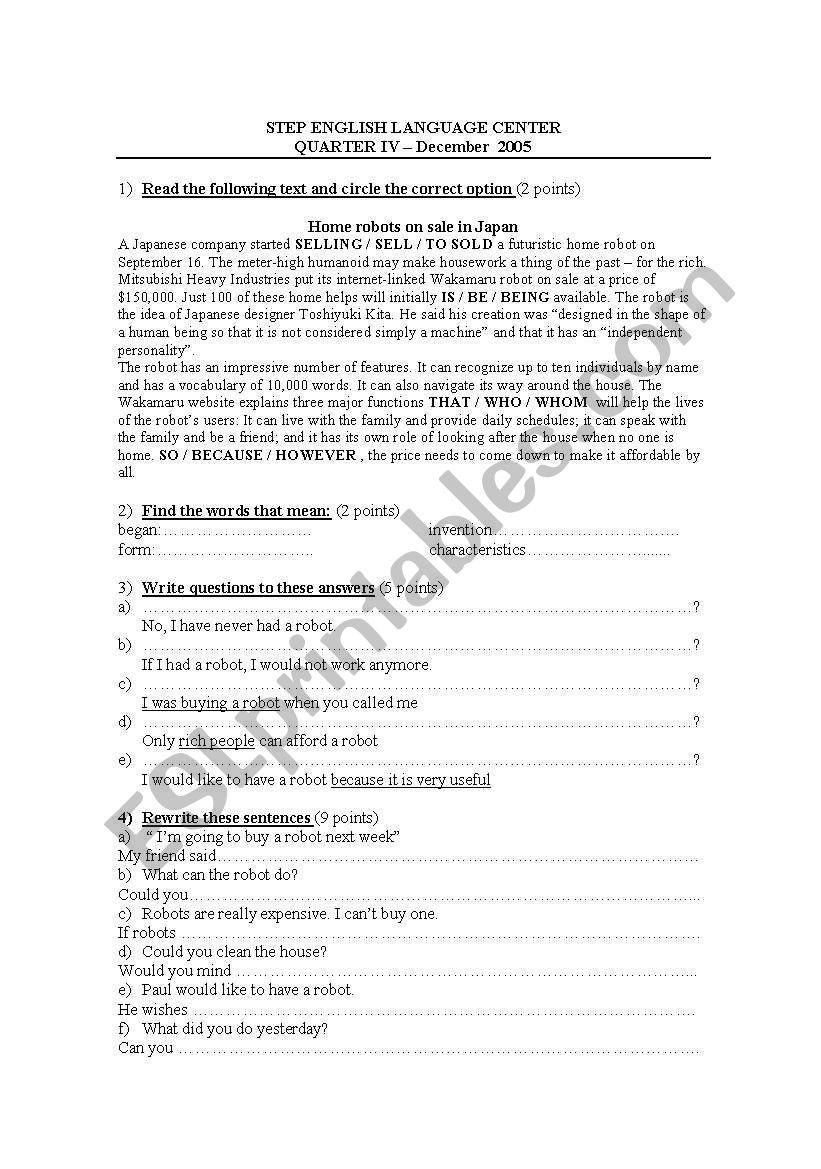 Intermediate Test worksheet