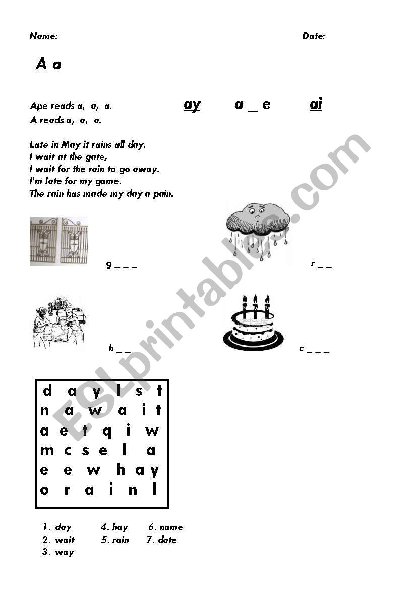 Long A sound worksheet worksheet