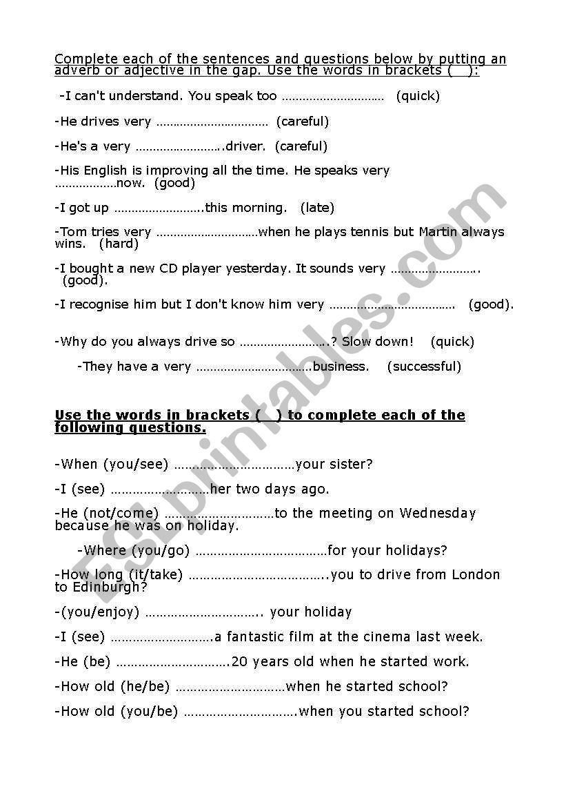 English Worksheets Adverb