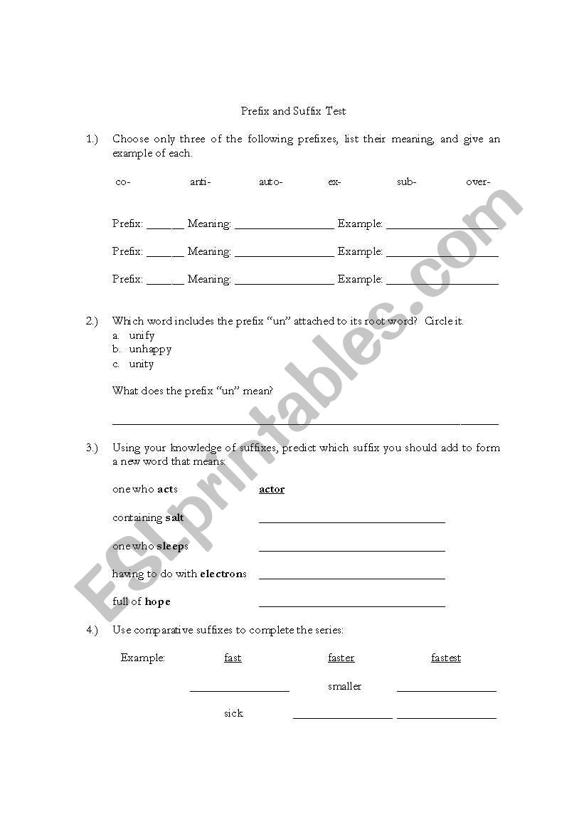 Prefix and Suffix Quiz/Test worksheet