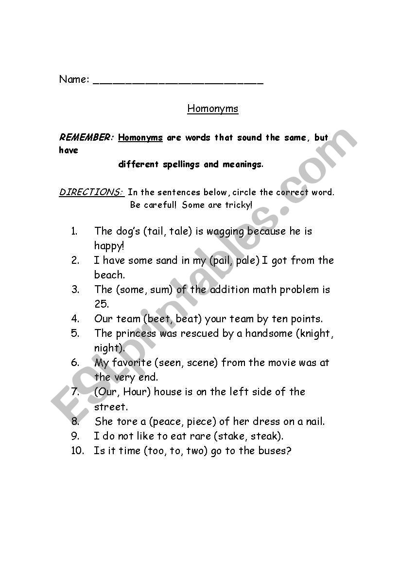 homonyms worksheet