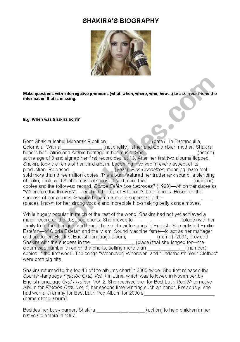 shakira biography worksheet