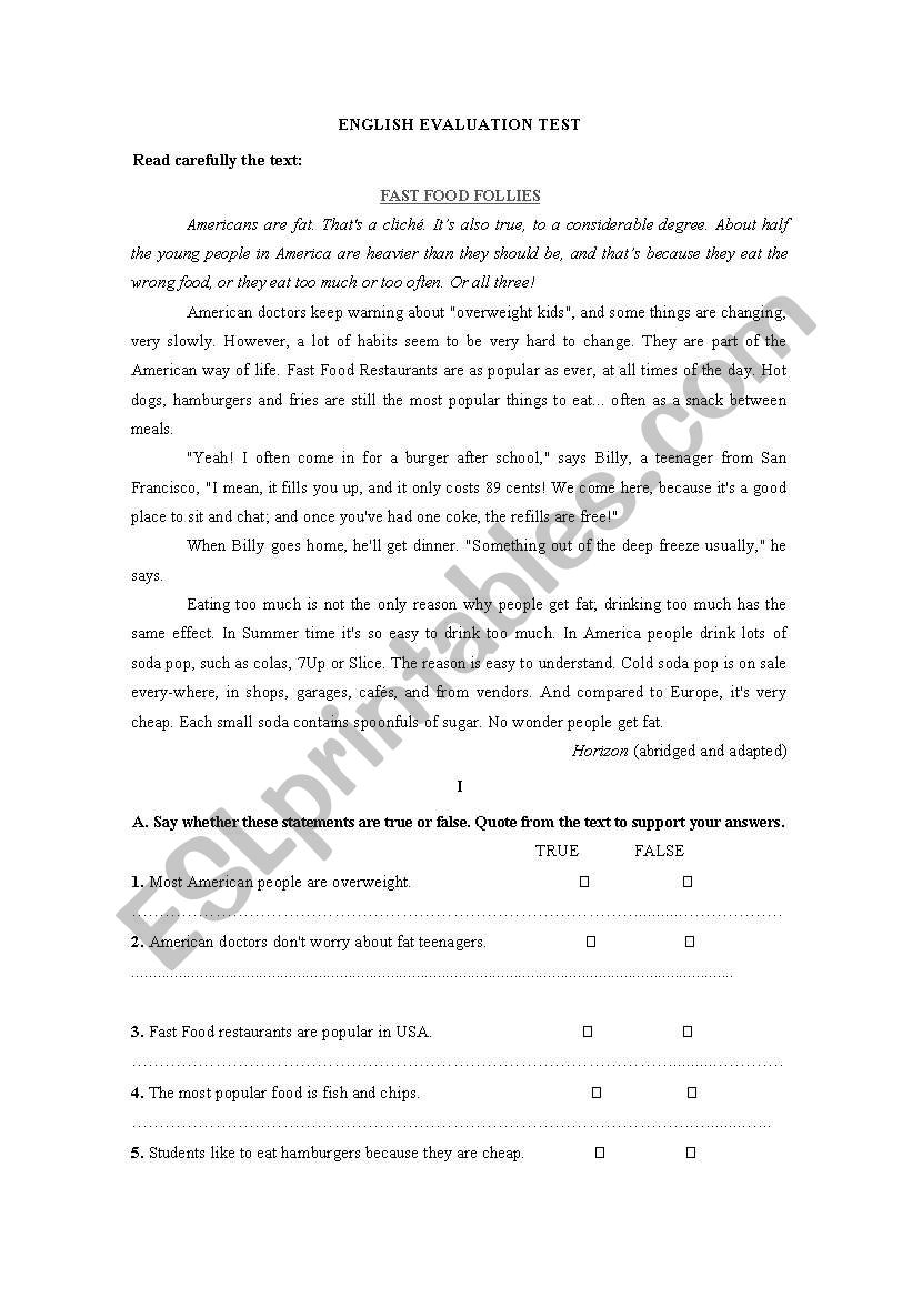 Test about food worksheet