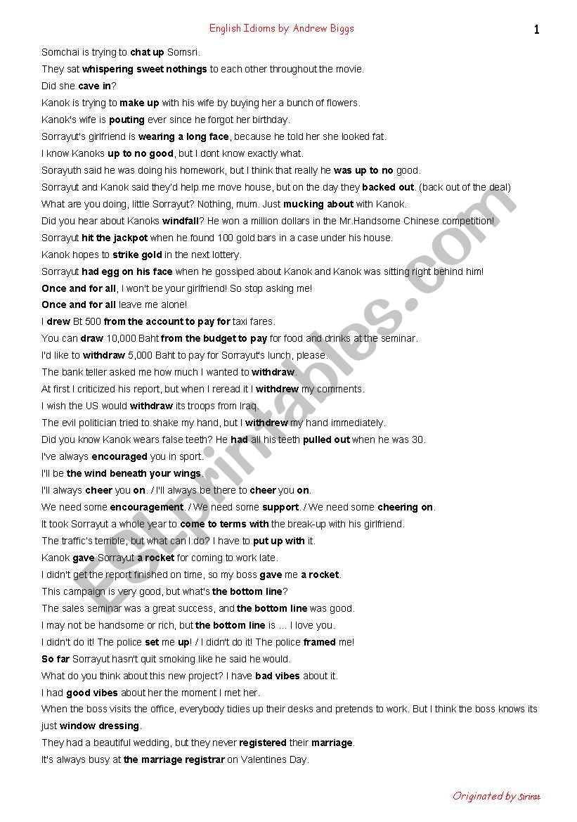 English Idioms & Slangs worksheet