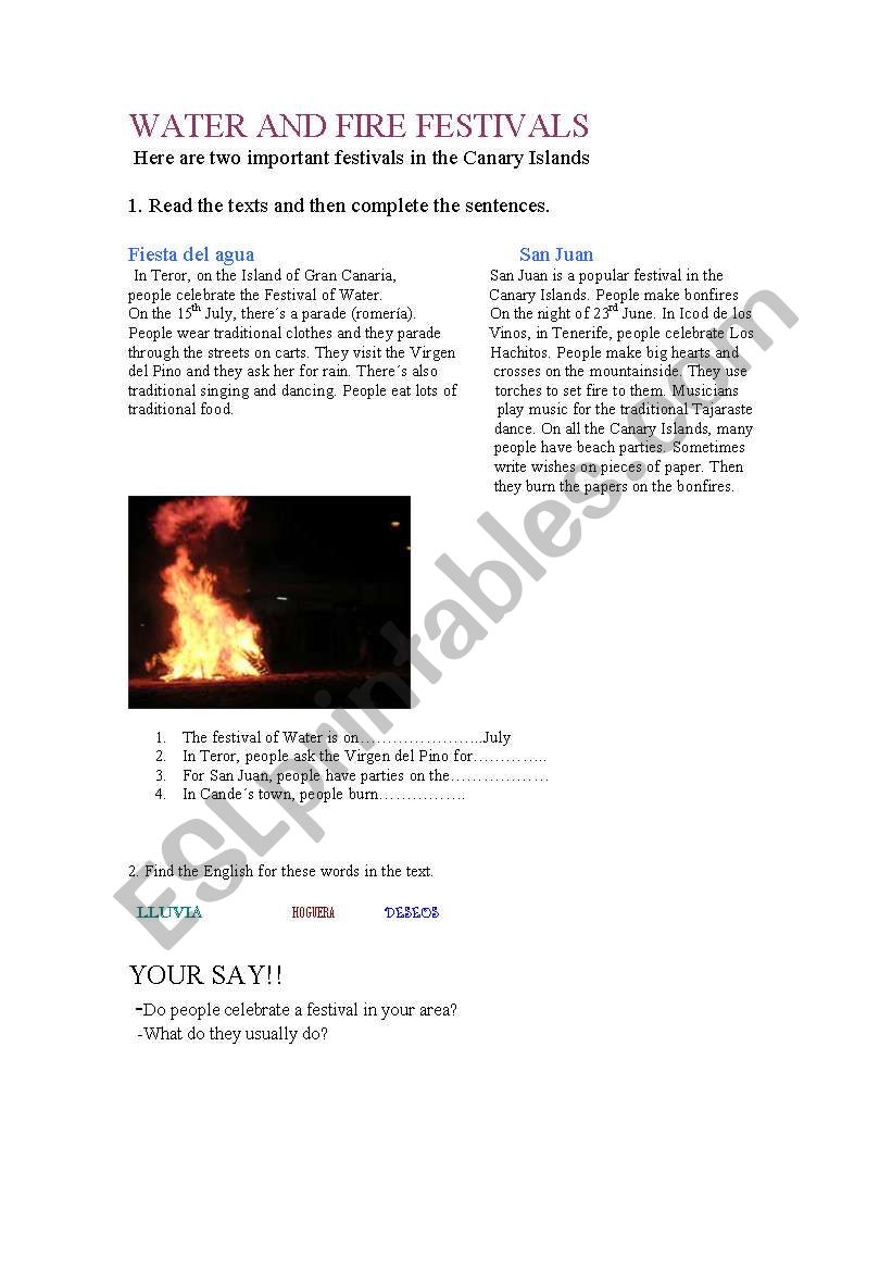 water and fire festivals worksheet