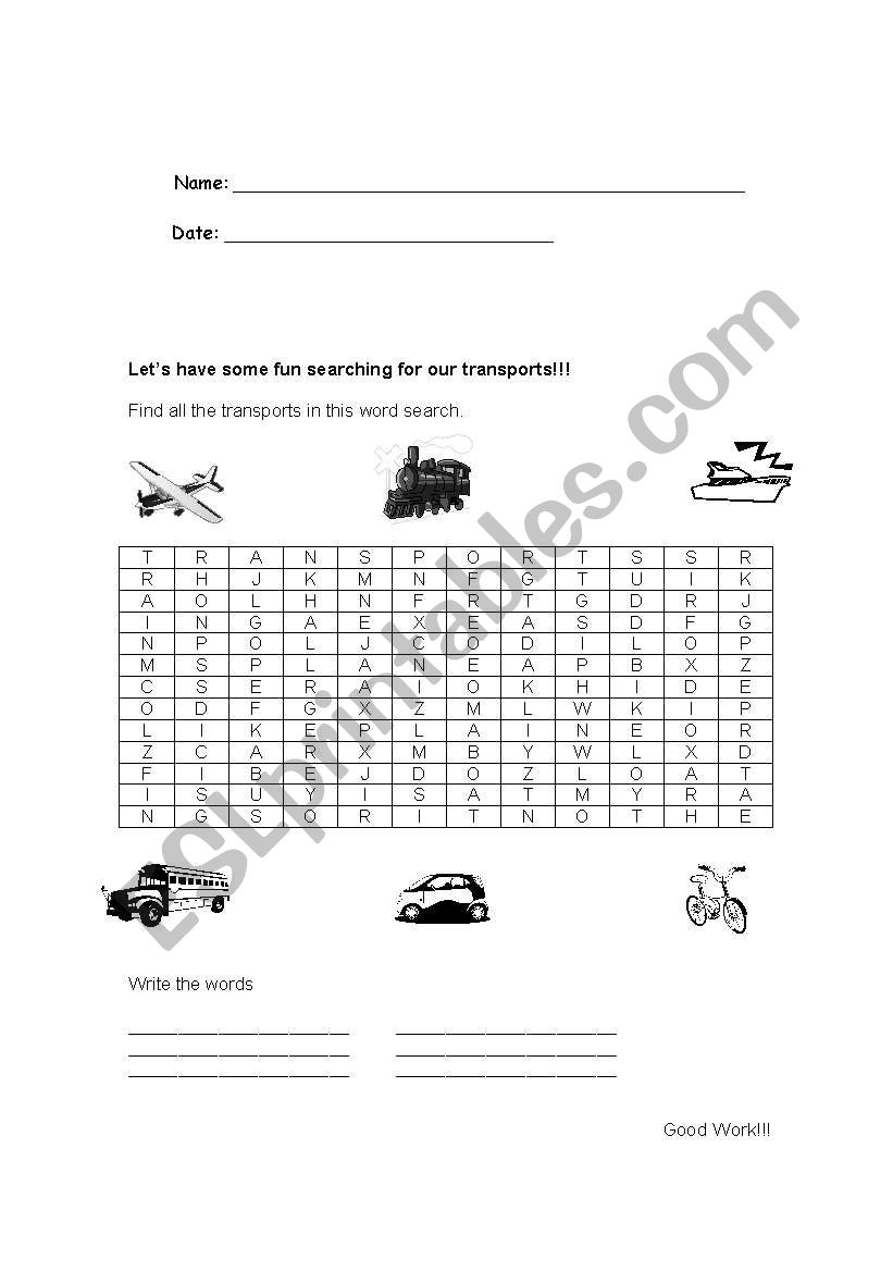 Transports wordsearch worksheet