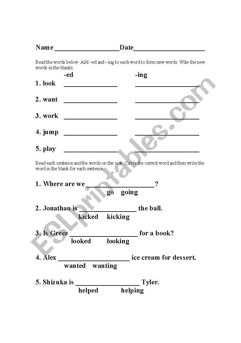 Ending with -ed and -ing worksheet