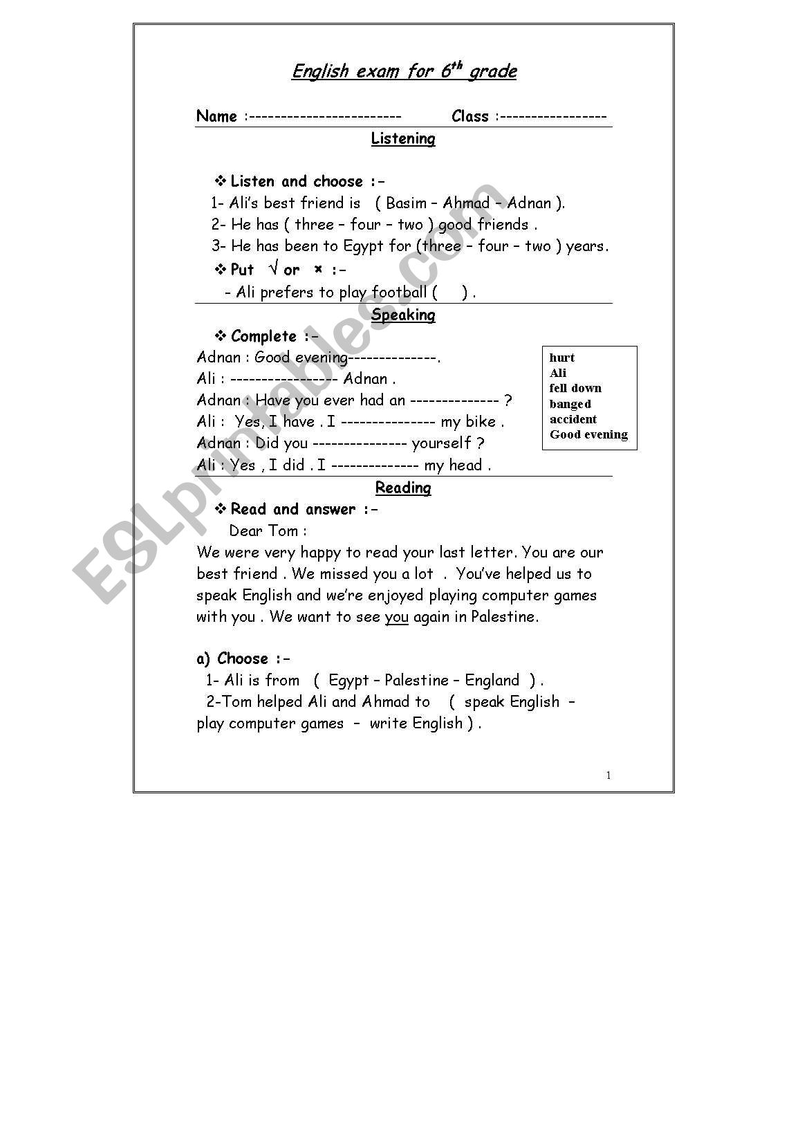 6th grade exam worksheet