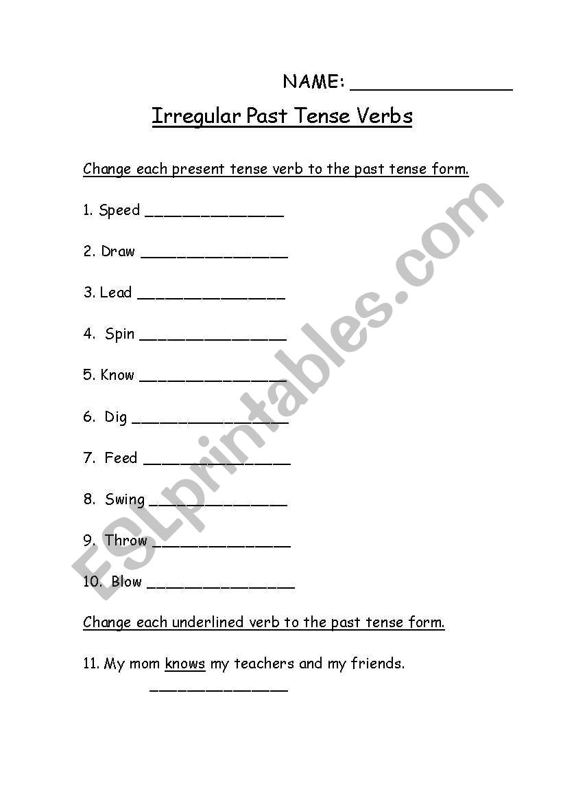 Irregular Past Tense Verbs worksheet