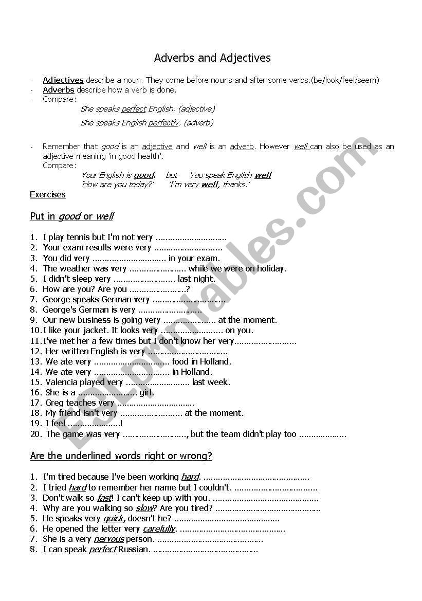 Adjectives And Adverbs ESL Worksheet By Greggy