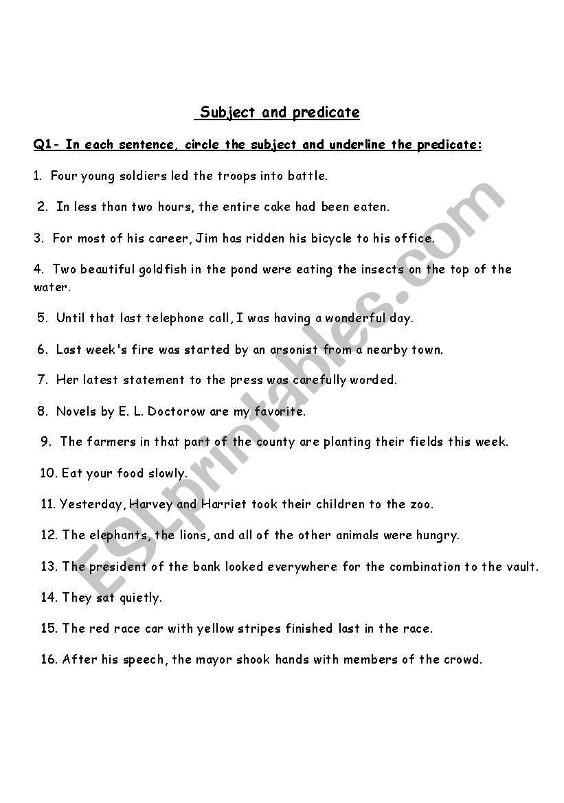 subject and predicate worksheet