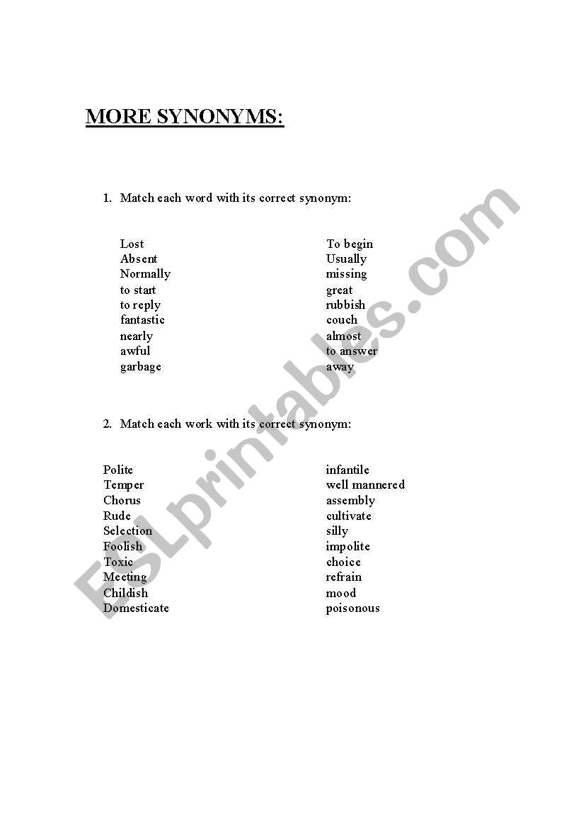 Synonyms worksheet