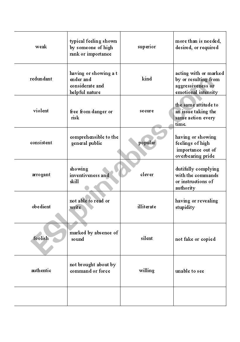 Adjectives and their meanings worksheet