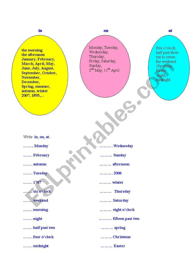 Using in,on,at worksheet