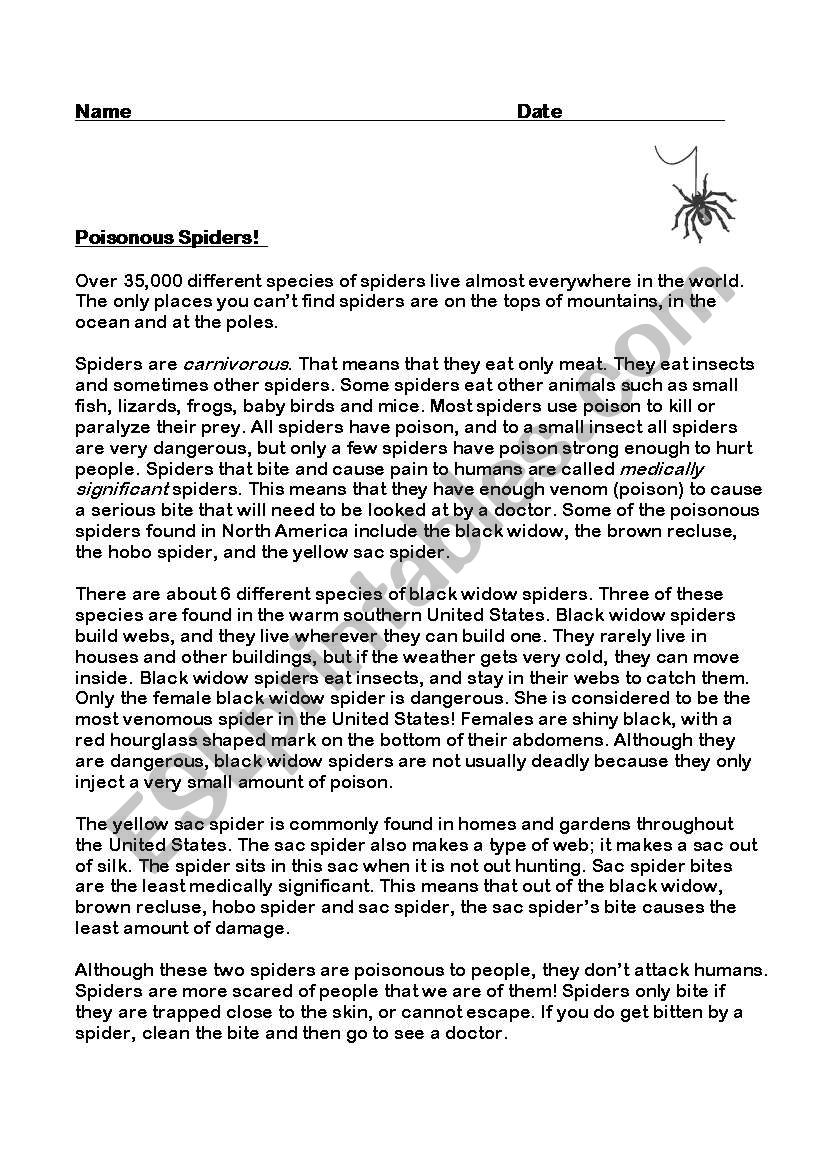 Poisonous Spiders worksheet
