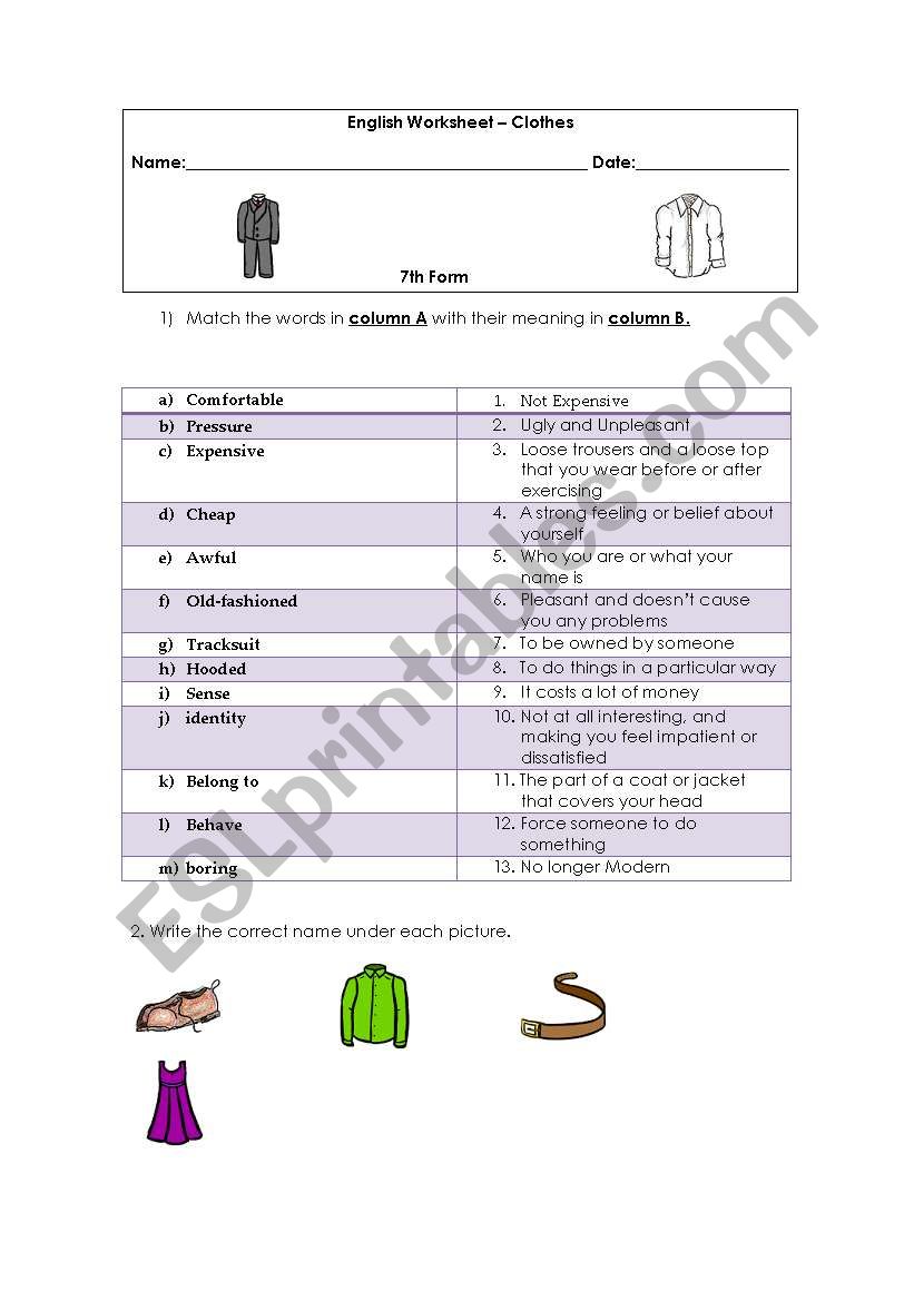 Clothes and Matching Exercise worksheet