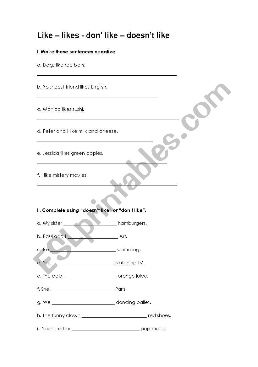 LIKE (affirmative / negative) worksheet