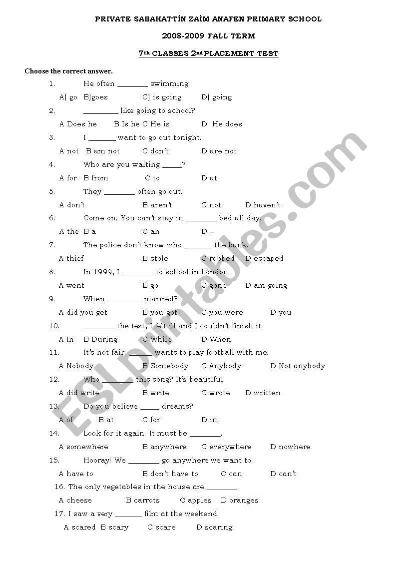 placement exam worksheet