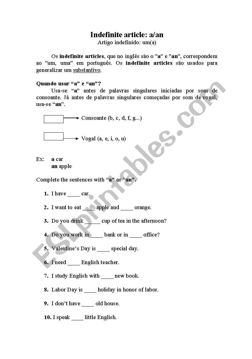 Indefinite article worksheet