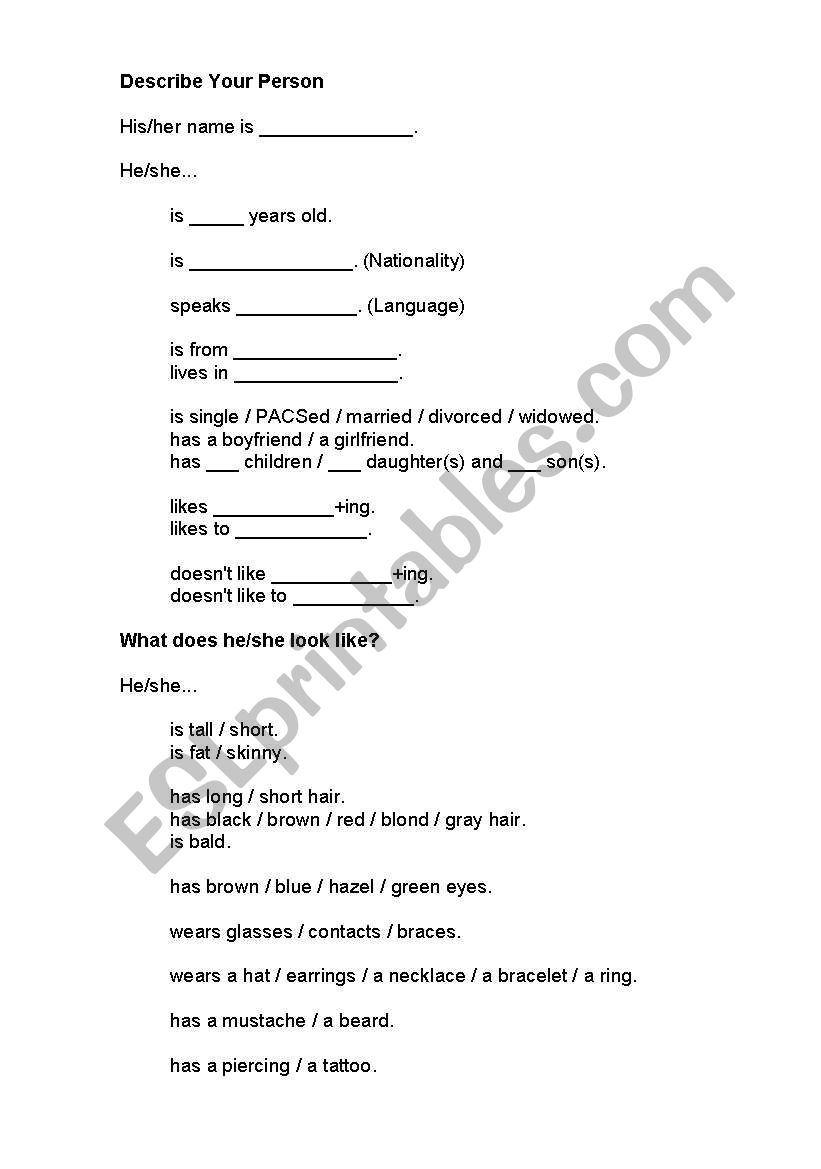 describe person worksheet