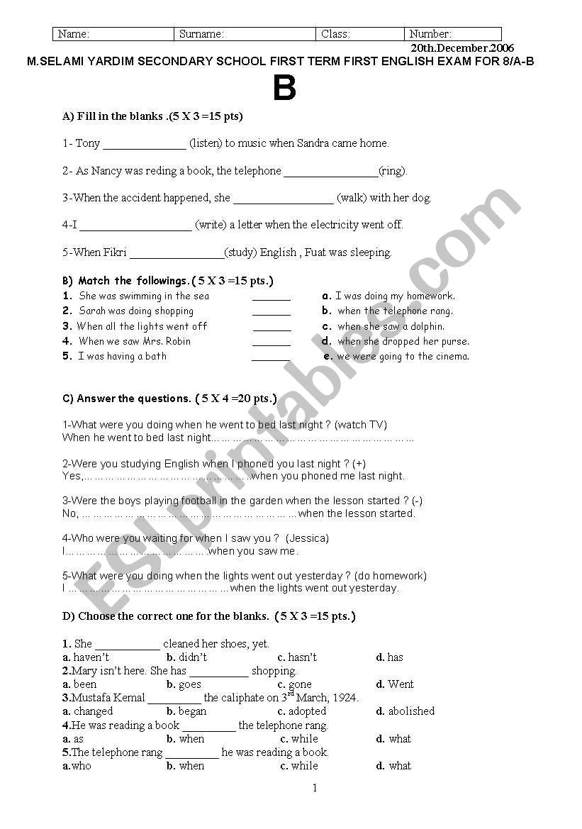 exam paper worksheet