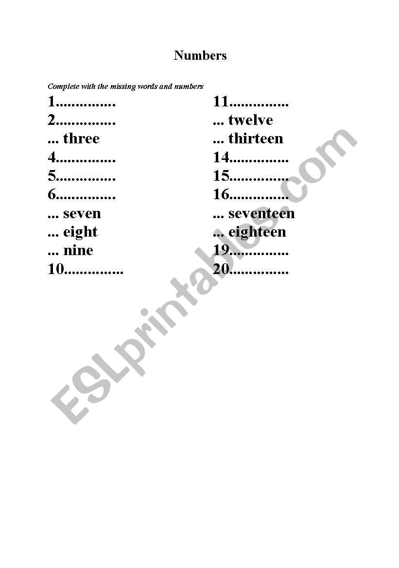 numbers 1-20 worksheet