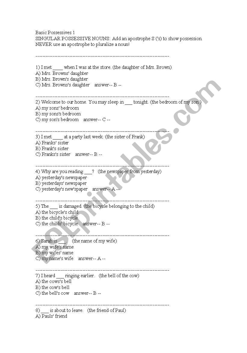 the possessives worksheet