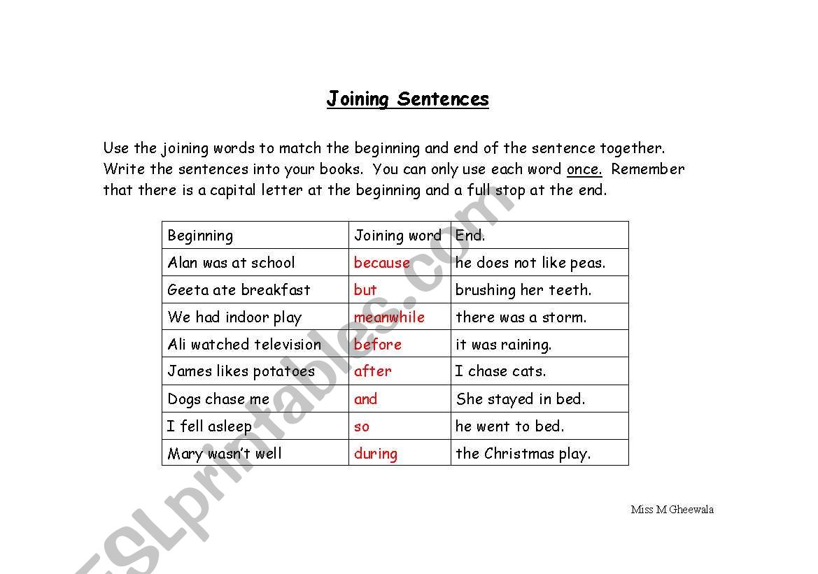 Worksheet - Joining sentences worksheet
