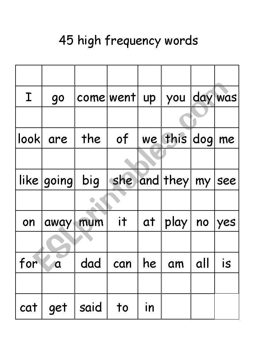 English Worksheets 45 High Frequency Words