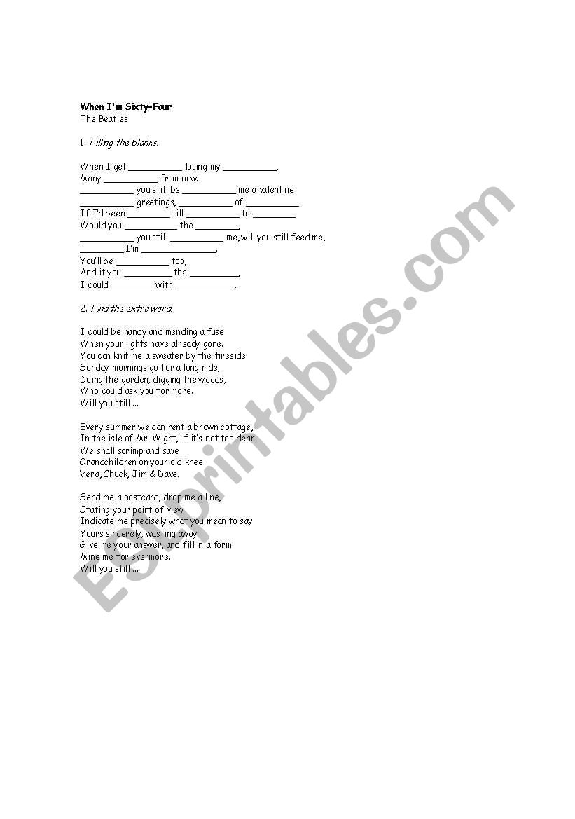 Song - When Im Sixty Four worksheet