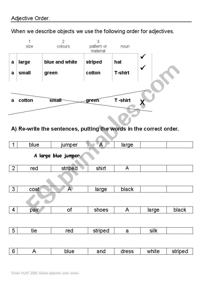 Simple adjective order worksheet