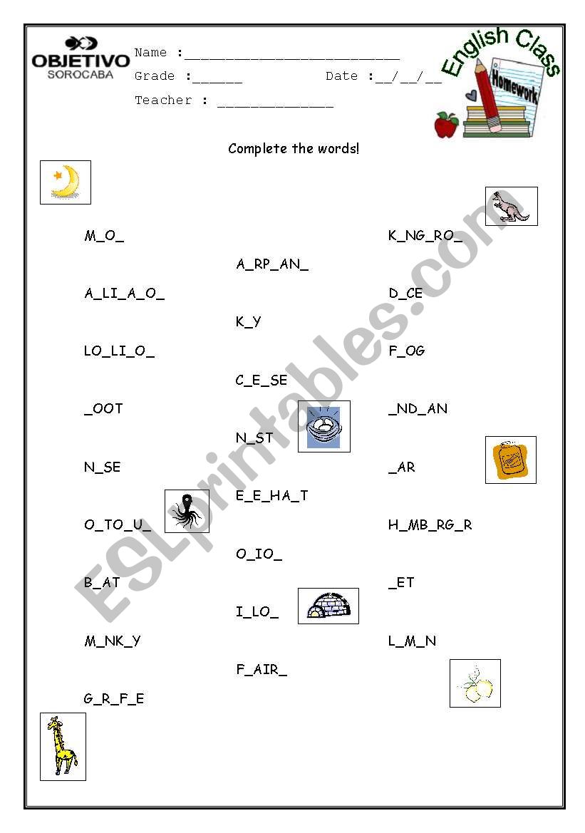 Complete the words! worksheet