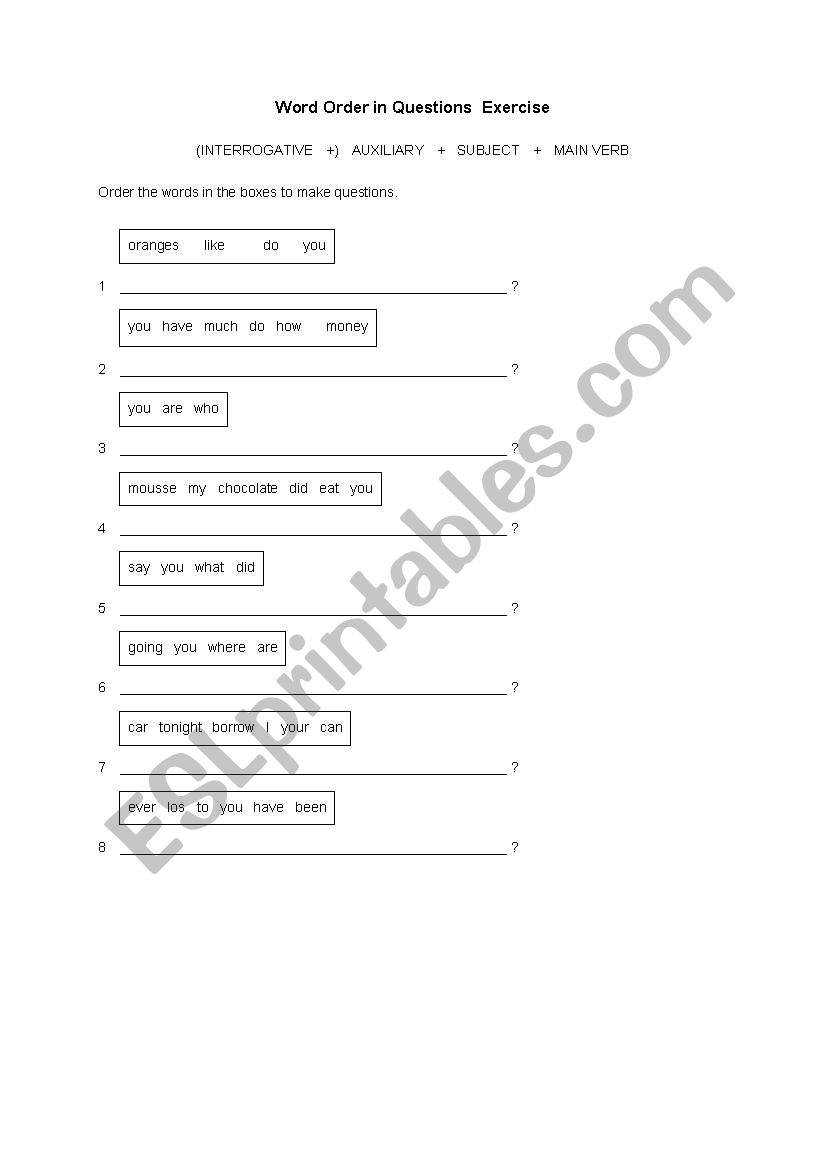 Word order in Question worksheet