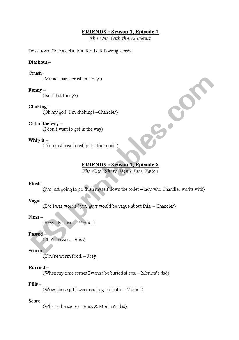 Friends season 1 episodes 7 and 8 viewing worksheet