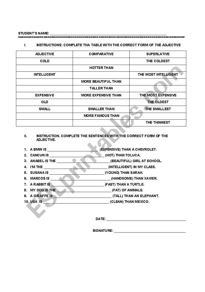 COMPARATIVE AND SUPERLATIVE worksheet