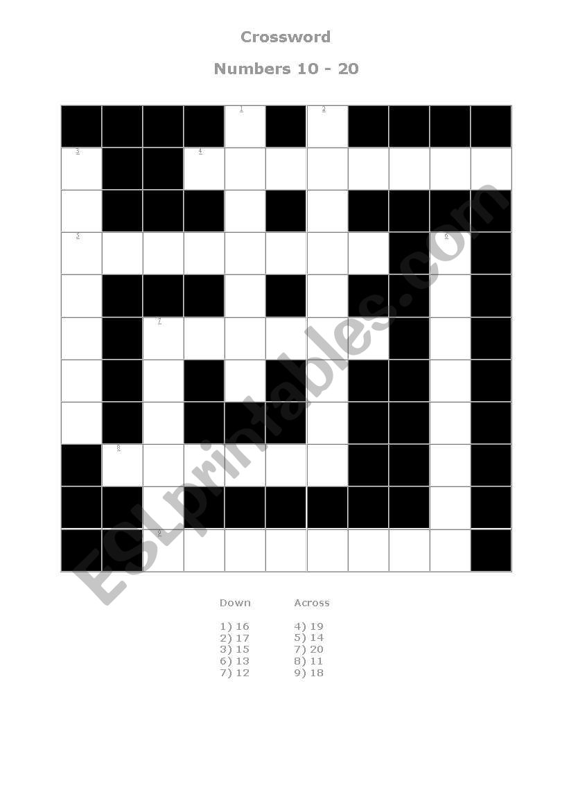 Crossward Numbers 10- 20 worksheet