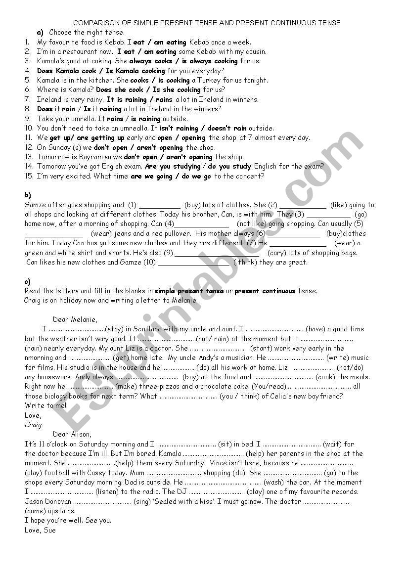 present cont or s. present worksheet
