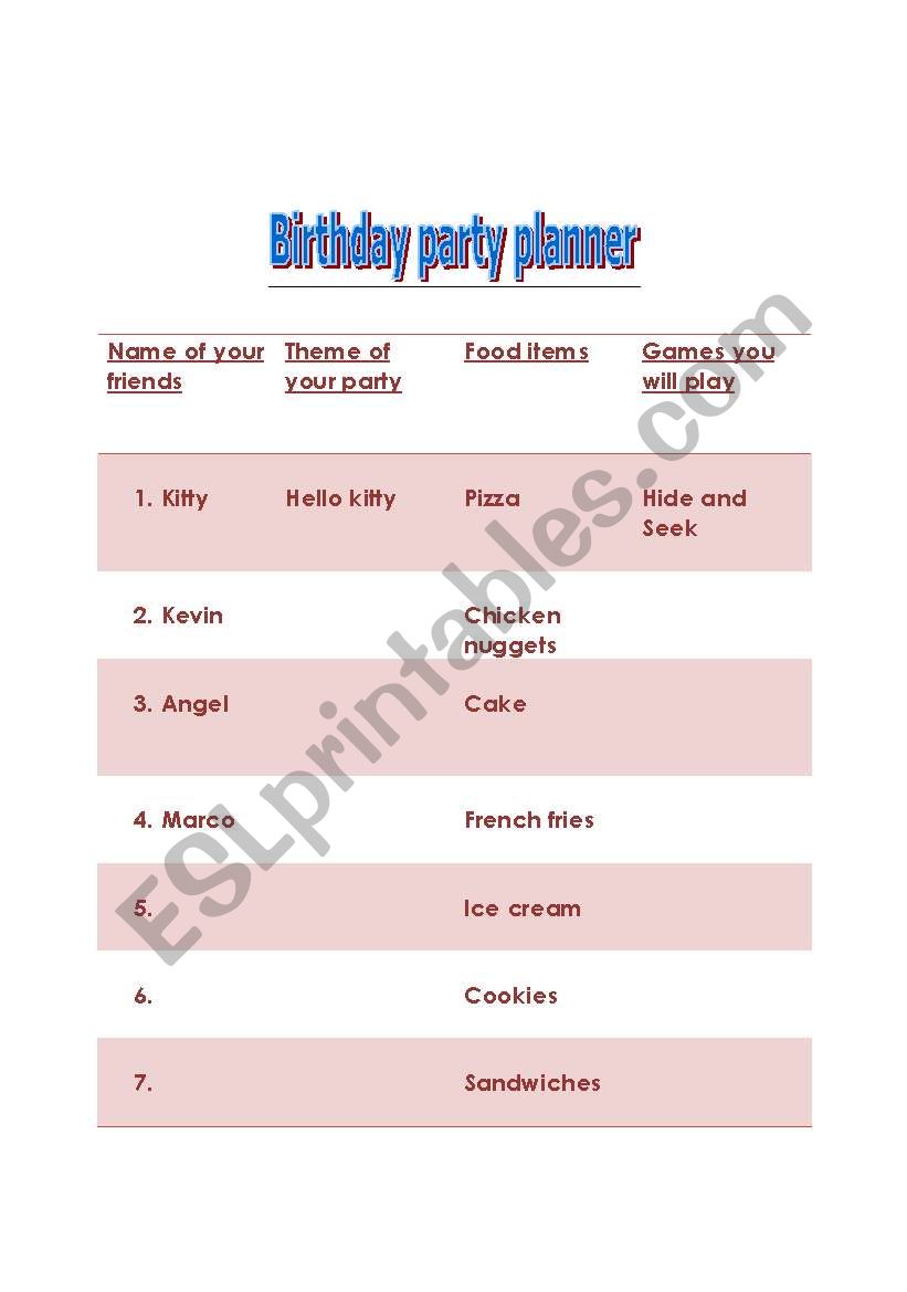 party planner worksheet