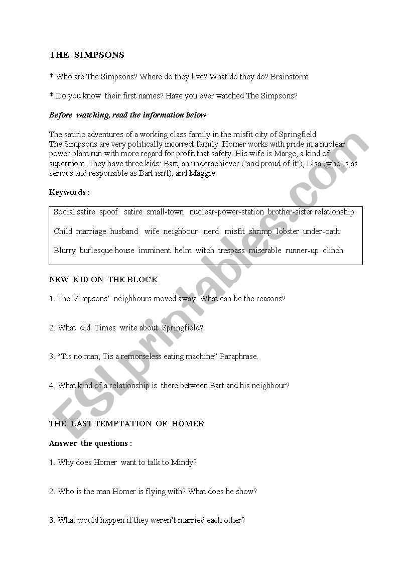 DVD Questions - The Simpsons worksheet