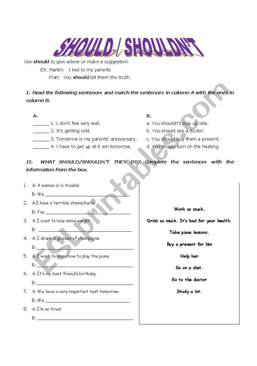 Should Shouldn´t Esl Worksheet By Irokesen