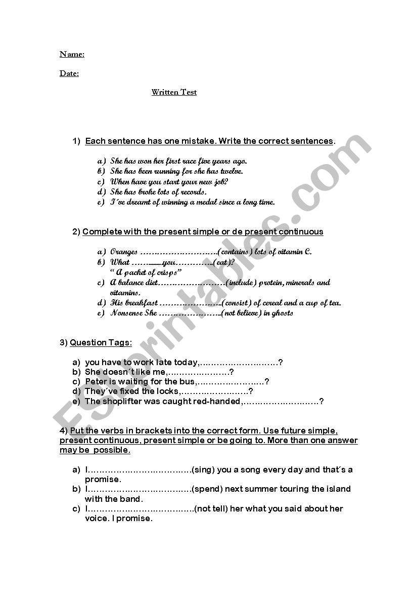 Written Test worksheet