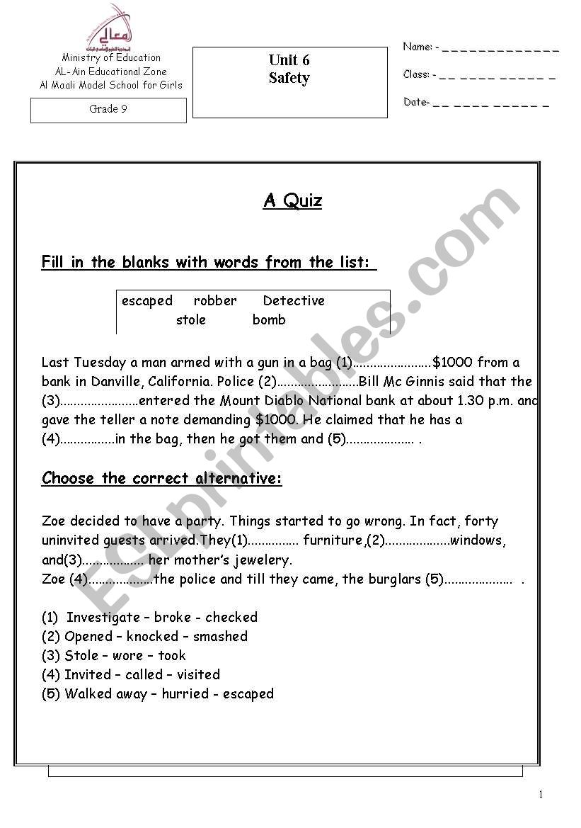 a quiz worksheet