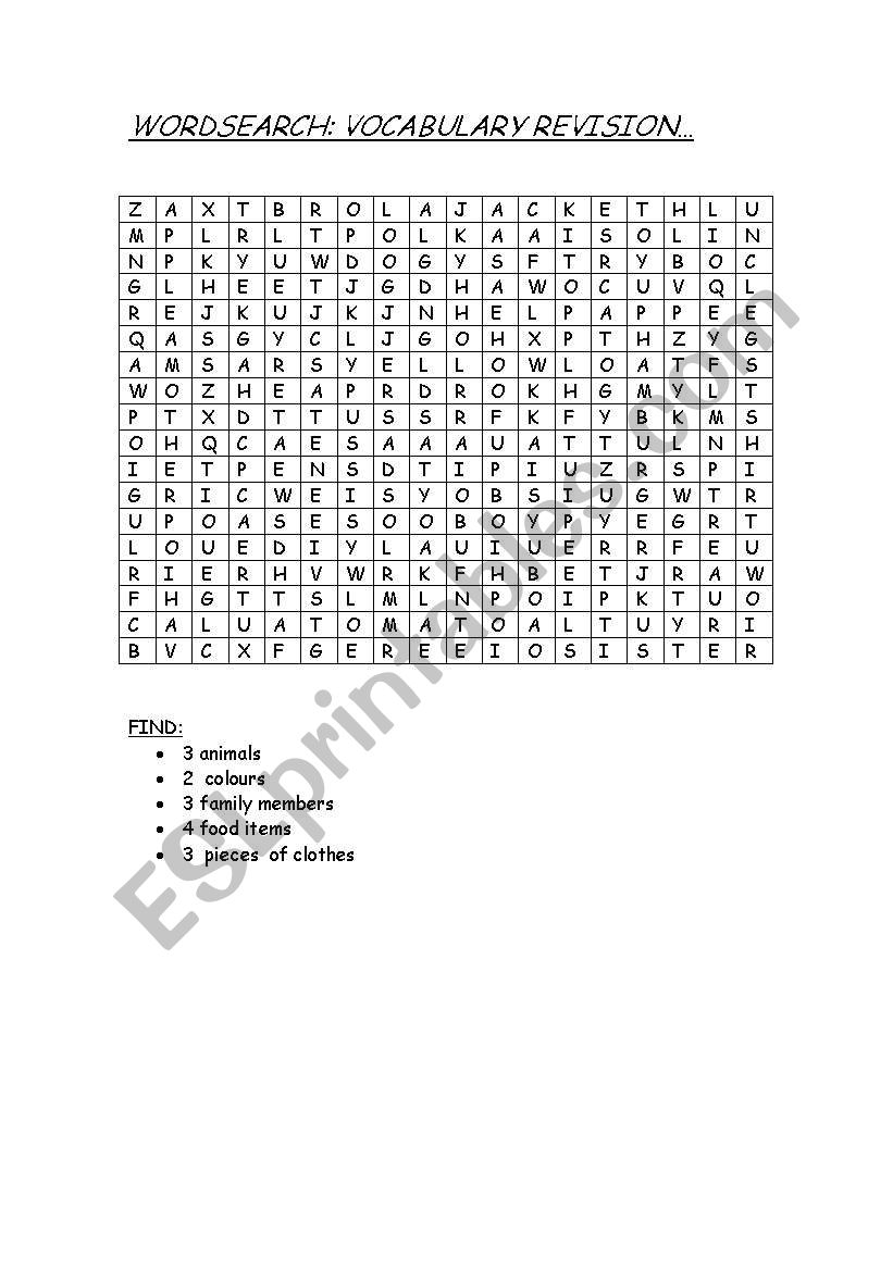 Vocabulary wordsearch worksheet